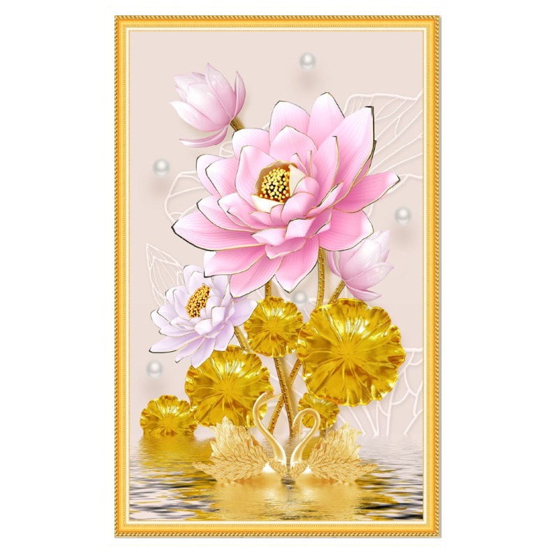 Tranh dán tường Hoa sen hồng tuyệt đẹp ánh kim sa LV-0263K - 30 x 48 cm