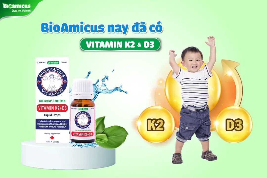 BioAmicus Vitamin K2+D3 MK7 - Made in Canada - Hỗ Trợ Chống Còi Xương, Tăng Chiều Cao Tối Đa Cho Trẻ Sơ Sinh Và Trẻ Nhỏ (Chai 10ml)