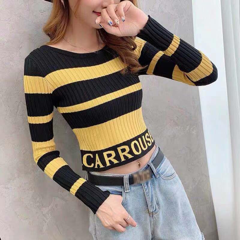 Áo thun nữ tay dài kẻ sọc in chữ phong cách Hàn Quốc