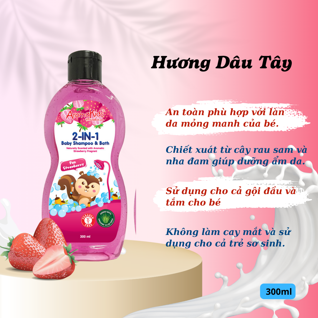 Sữa tắm gội cho bé; sữa tắm bé;sữa tắm gội 2in1;sữa tắm gội 2in1 AromaKids-Hương Dâu Tây, 300ml/chai