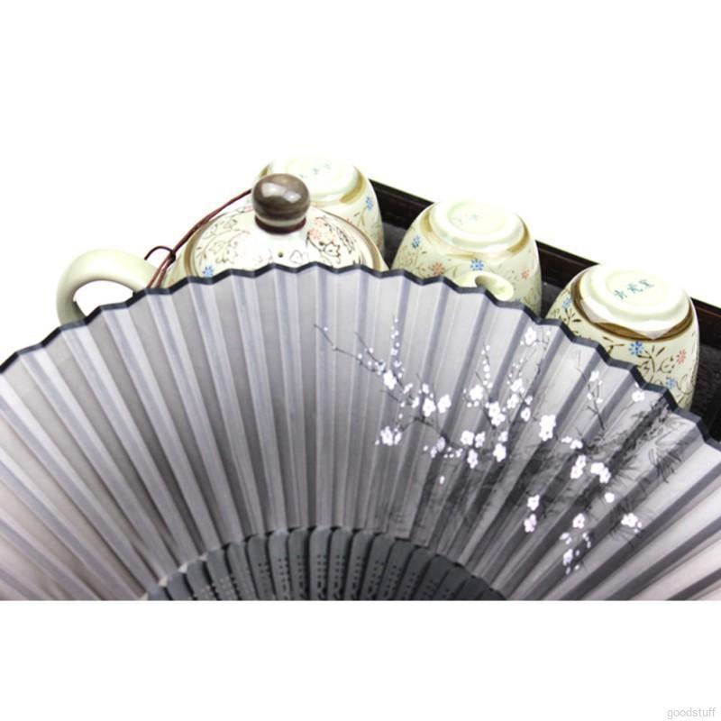 Quạt cầm tay vải lụa phối ren in hoa