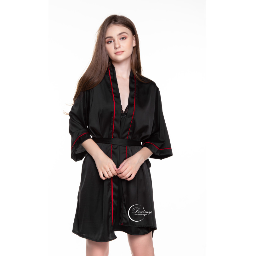 Dreamy-CL01-49-FS-Áo Choàng  Ngủ Lụa Cao Cấp, Áo Choàng Ngủ Nữ, Áo Choàng Gợi Cảm, Áo Choàng Ngủ Sang Trọng Phối viền đỏ Màu đen