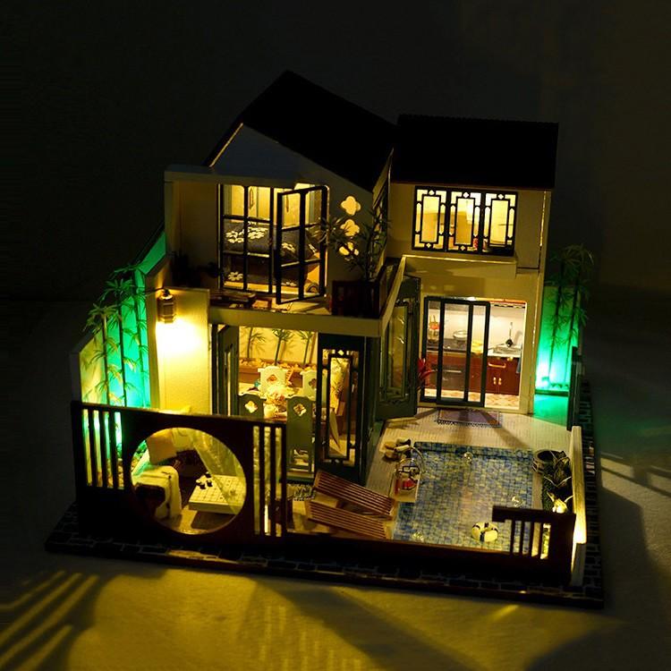 Mô hình nhà DIY Doll House Chinese Happy Restaurant Kèm Hộp nhạc và Mica Chống bụi