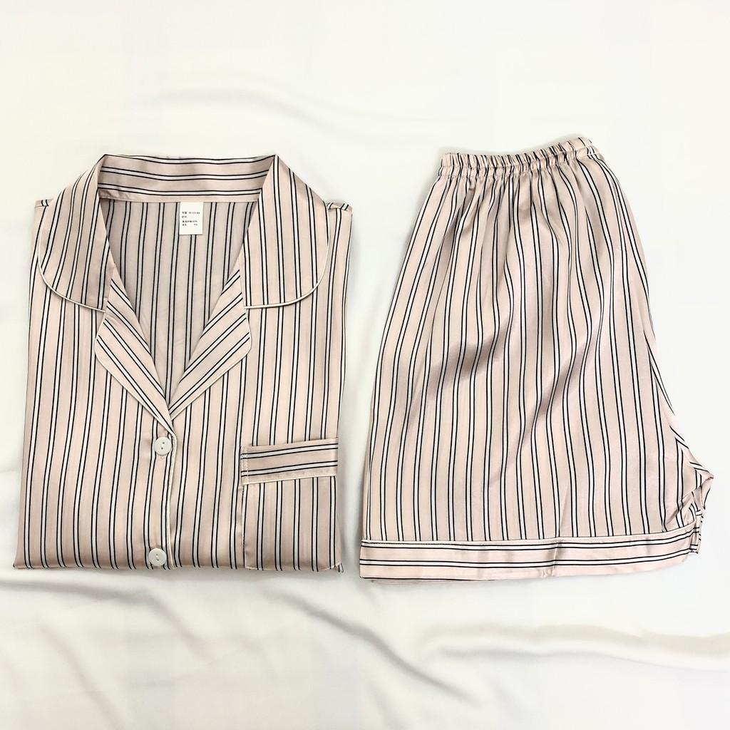 Pijama- Đồ Bộ Ngủ Lụa Cộc Cao Cấp Sang Chảnh Kẻ Sọc kèm ảnh thật CCLP06