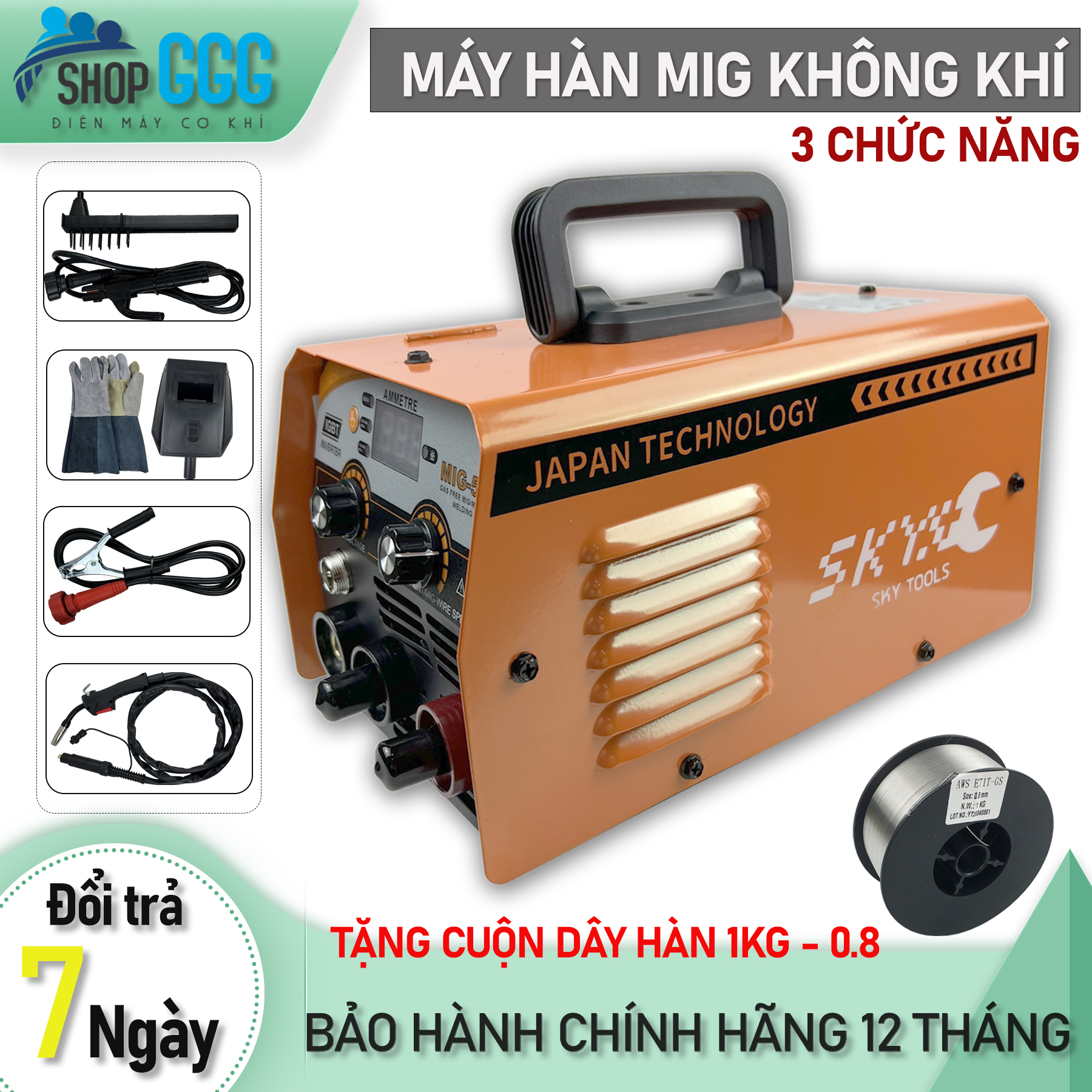 Máy Hàn MIG Không Dùng Khí SKYTOOL MIG500 - Máy hàn điện tử 2 chức năng: Hàn que - Hàn MiG không khí | Đủ bộ dây hàn, kẹp mass, dây tig | Tặng cuộn dây hàn không khí 0.8mm - 1kg, găng tay