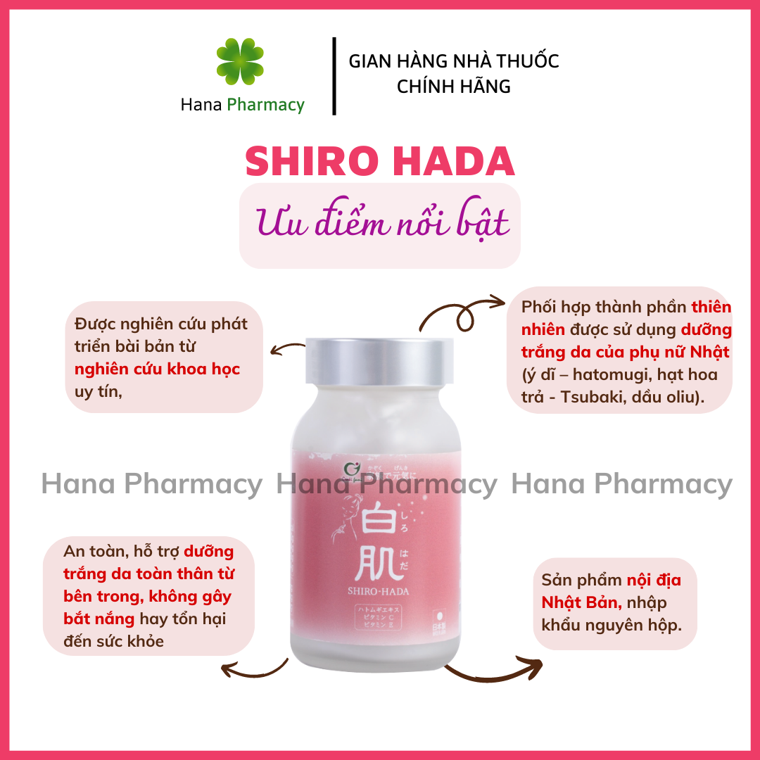 SHIRO HADA viên uống TRẮNG SÁNG bật tone, NGỪA MỤN, giúp da hồng hào, mịn màng