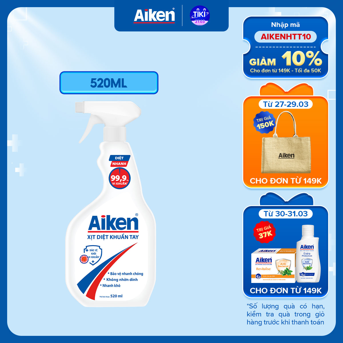 Xịt diệt khuẩn tay Aiken 520ml