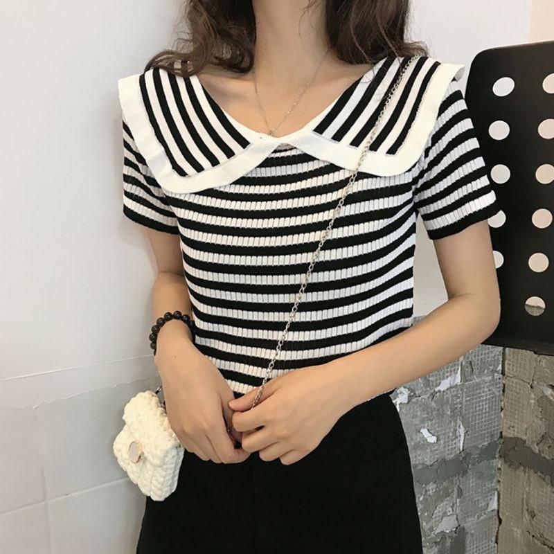 Áo thun dệt kim tay ngắn thiết kế ôm sát tôn dáng