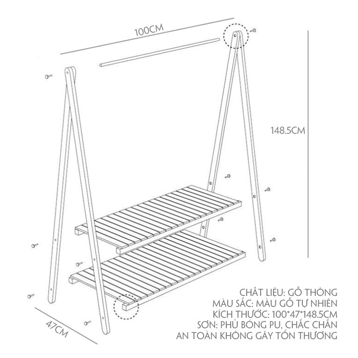 Giá treo quần áo gỗ thông - Giao màu ngẫu nhiên