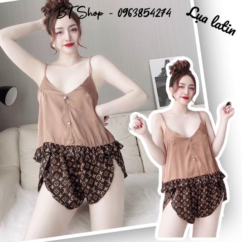 Đồ ngủ mặc nhà lụa latin hoạ tiết quần đùi freesize 42-57kg