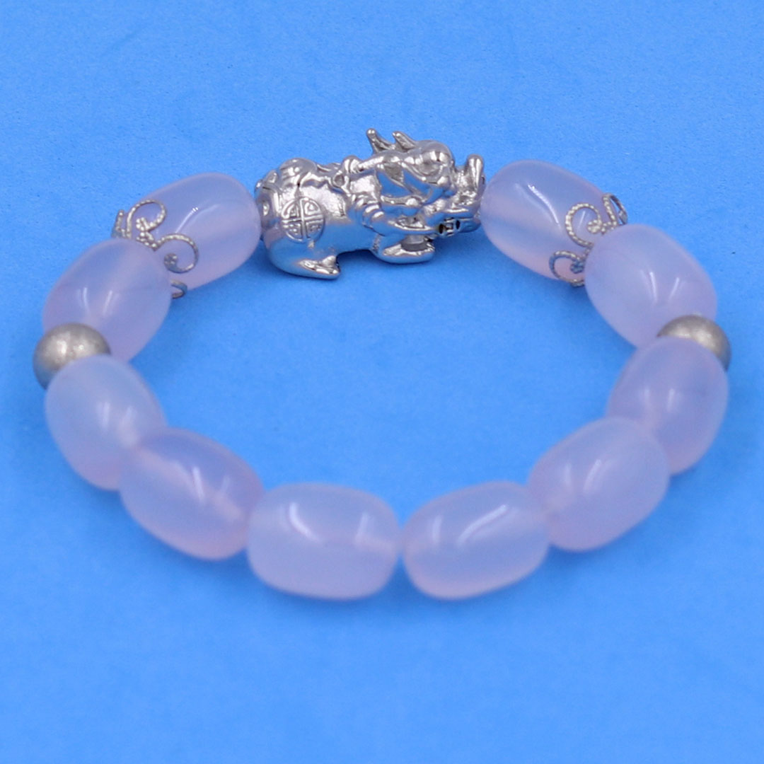 Vòng chuỗi đeo tay đá thạch anh trắng bầu charm tỳ hưu inox, bi inox, khía bông inox, vòng tay phong thuỷ, vòng tay tỳ hưu