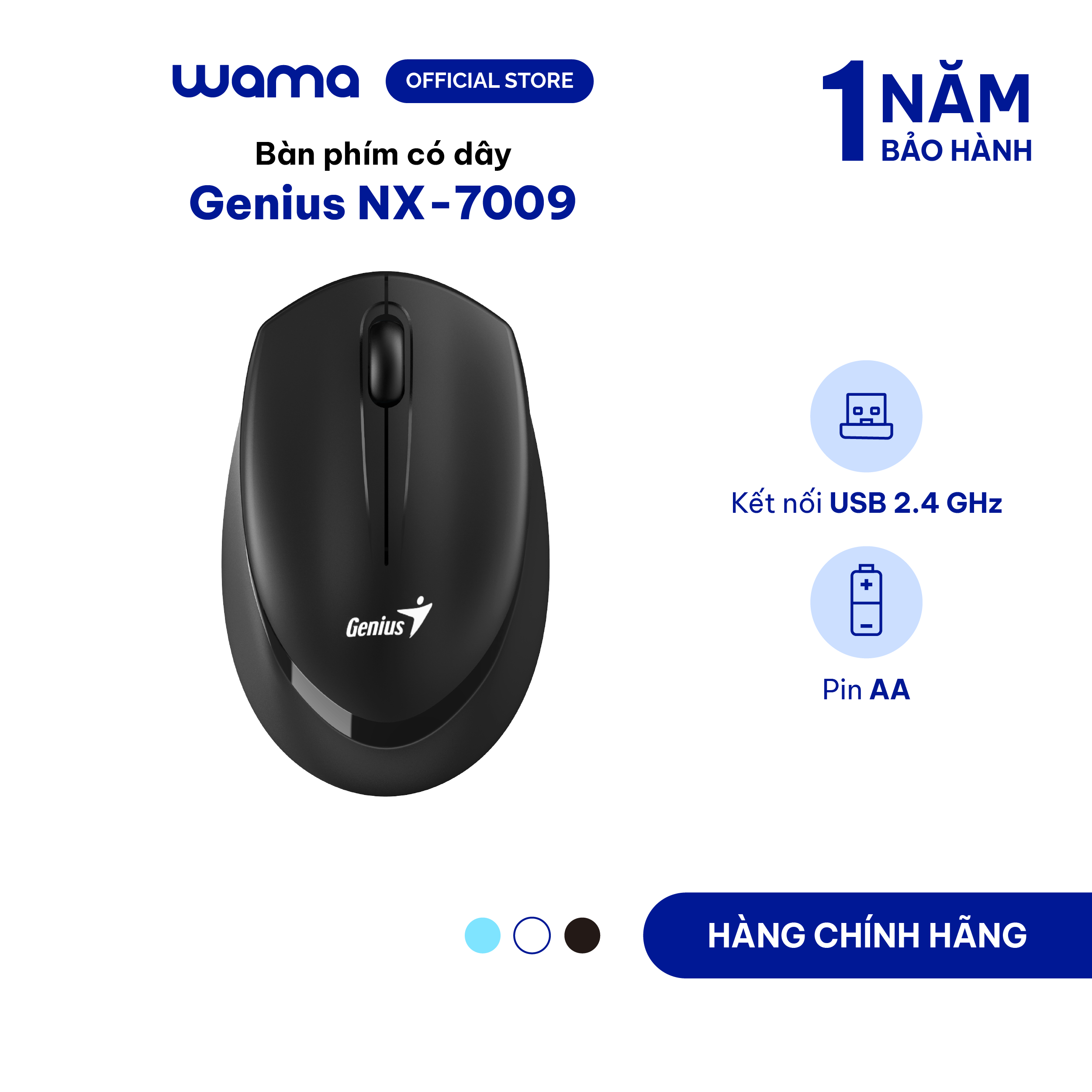 Chuột không dây Genius NX-7009  - USB, nhỏ gọn, thuận cả 2 tay, DPI 1200 phù hợp PC/Laptop, Hàng chính hãng, Bảo hành 1 năm