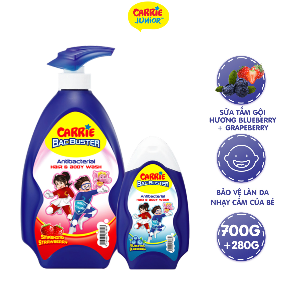 Combo Sữa Tắm Gội Sạch Khuẩn Carrie Junior BacBuster: Strawberry 700g + Blueberry 280g