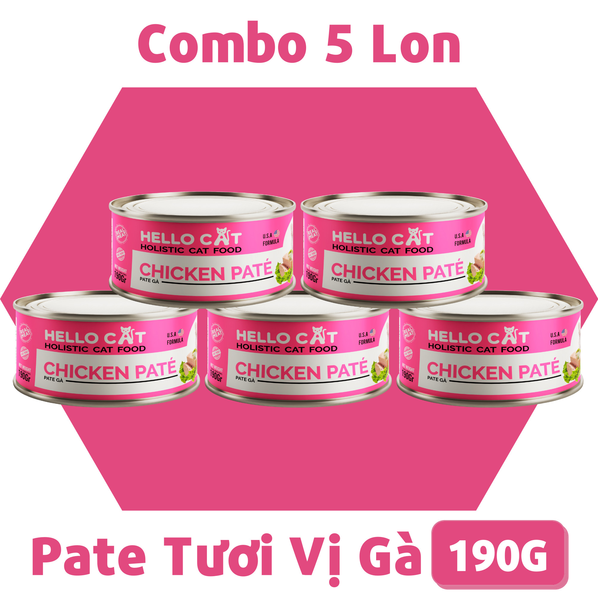 (Combo 5 Lon) Pate Tươi Dành Cho Mèo Kén Ăn Tất Cả Các Giống Mèo Ở Mọi Độ Tuổi Hương Vị Gà - Hello Cat Chicken Pate 190G