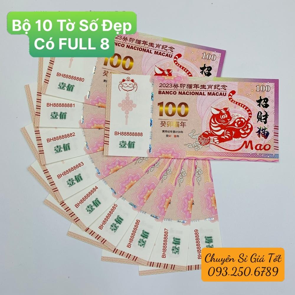 Bộ 10 Tờ Số Đẹp, có Full 8 - Tiền phong thủy hình Mèo Macao 100 kèm bao lì xì Tết 2023