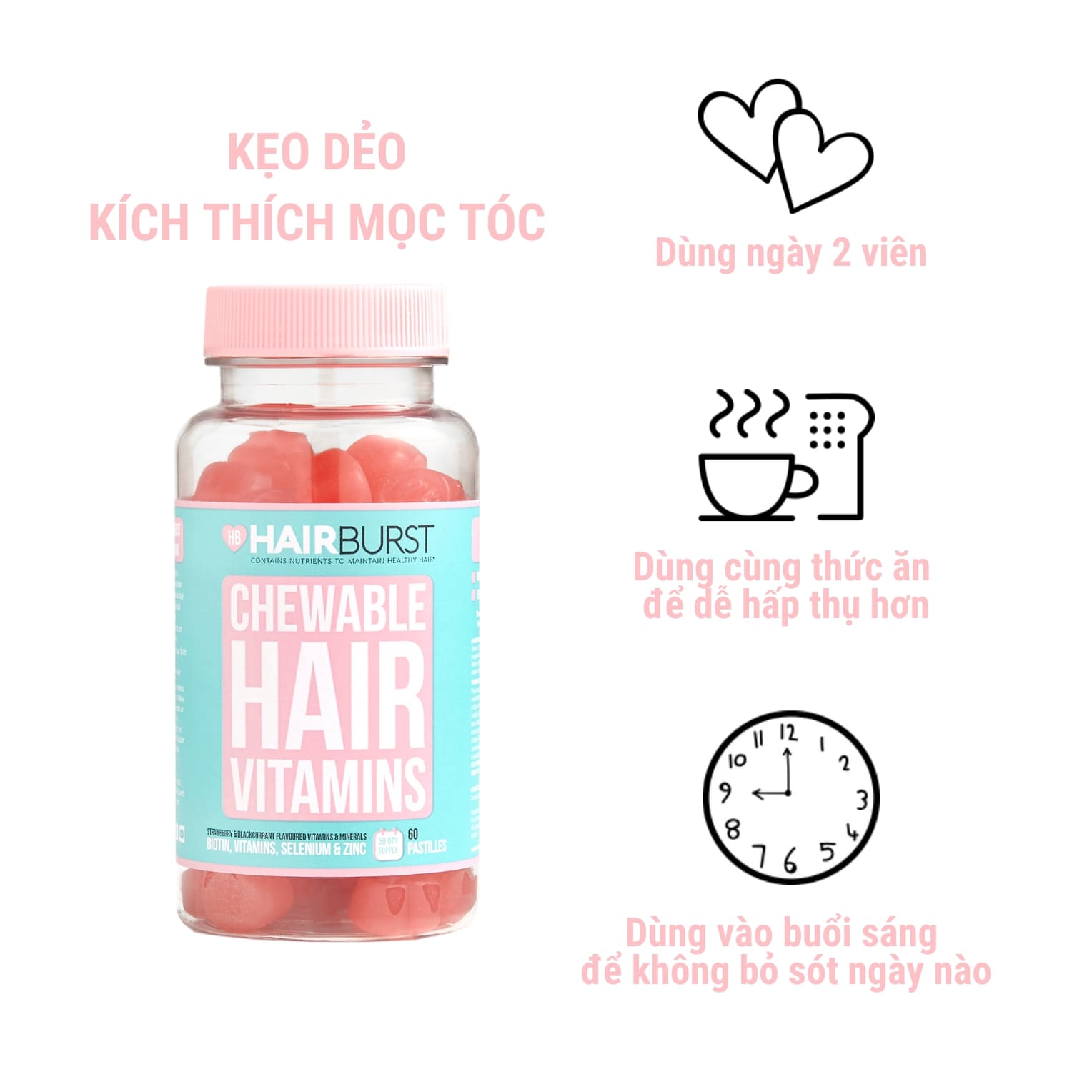 Kẹo Dẻo Vitamin HAIRBURST Chewable Hair Vitamins Chăm Sóc, Kích Thích Mọc Tóc 60 Viên