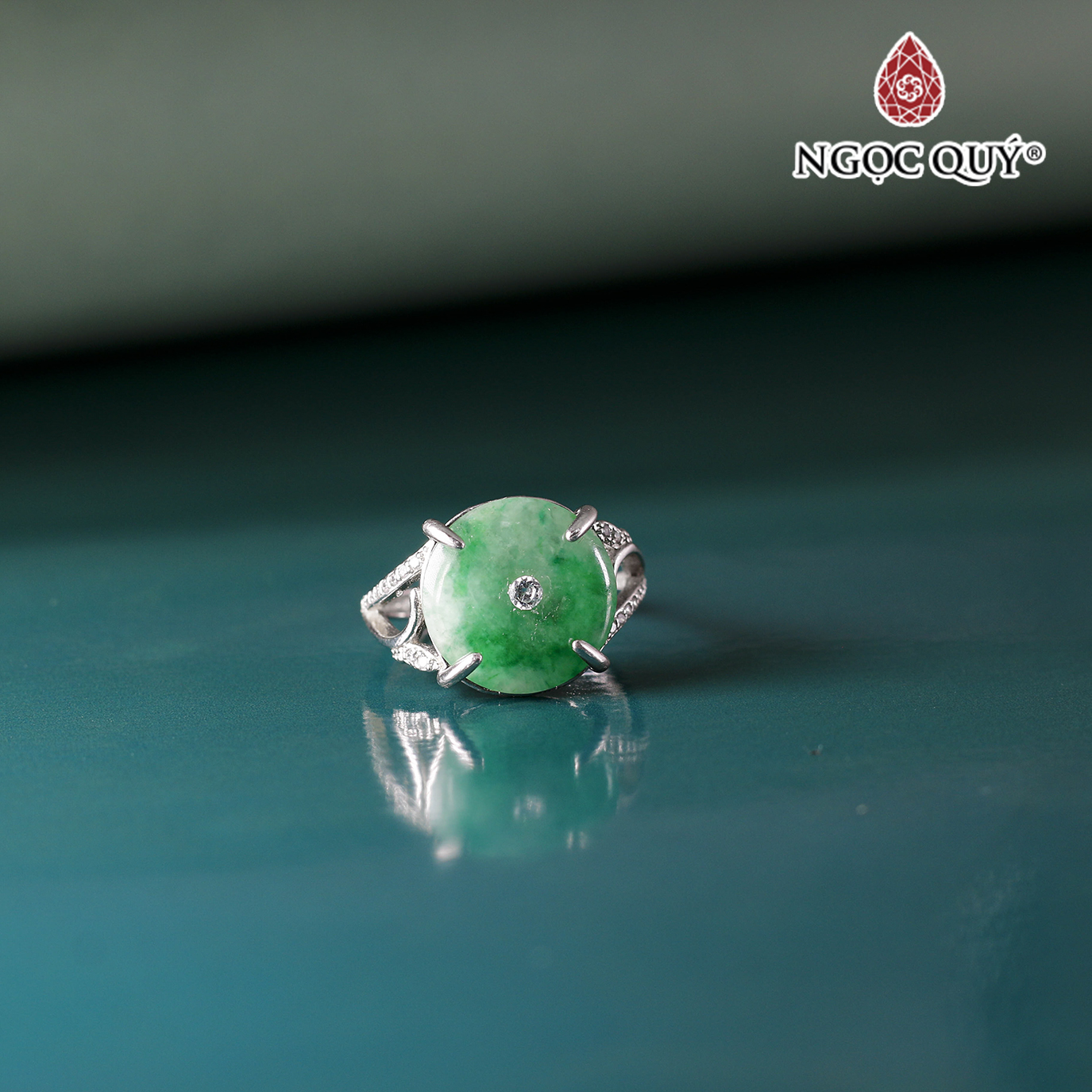 Nhẫn bạc nữ mặt Điếu cẩm thạch 14mm Free size - Ngọc Quý Gemstones