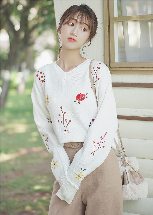 Áo len nữ thêu hoa cổ tim Quảng Châu cao cấp - DL24245