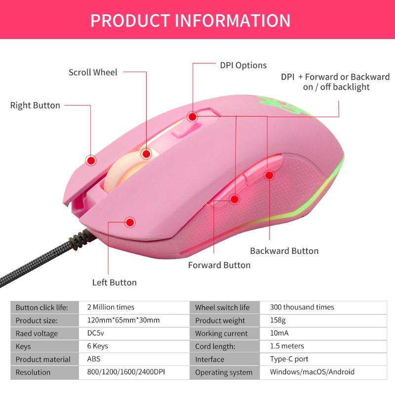 HX6A Thỏ Hồng USB C Chuột Có Đèn LED Nền 2400DPI Loại C Có Dây Cho MacBook Chromebook Laptop Matebook X Máy Tính Bảng