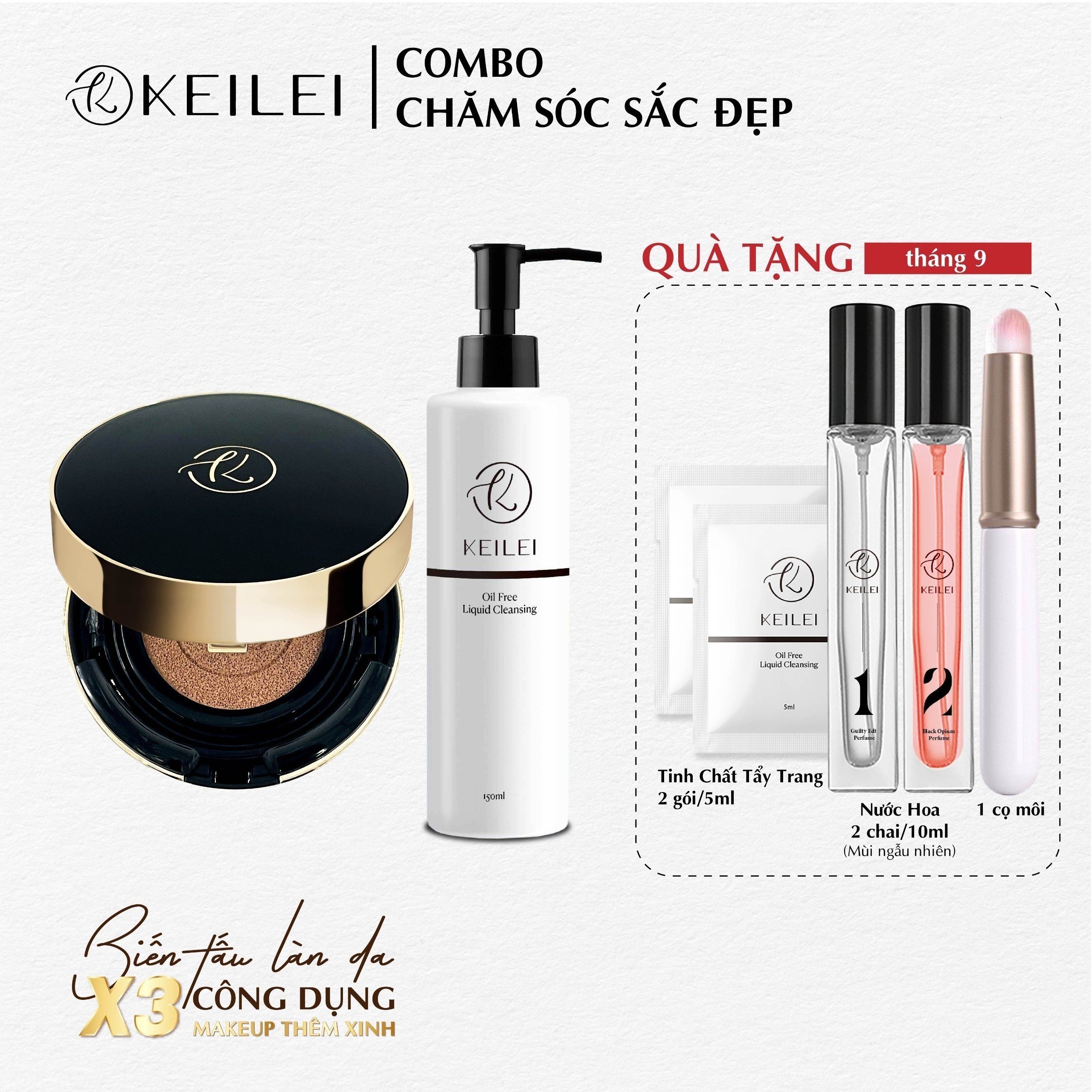 Phấn nước đa năng 3in1 và Tinh chất tẩy trang sạch sâu KEILEi