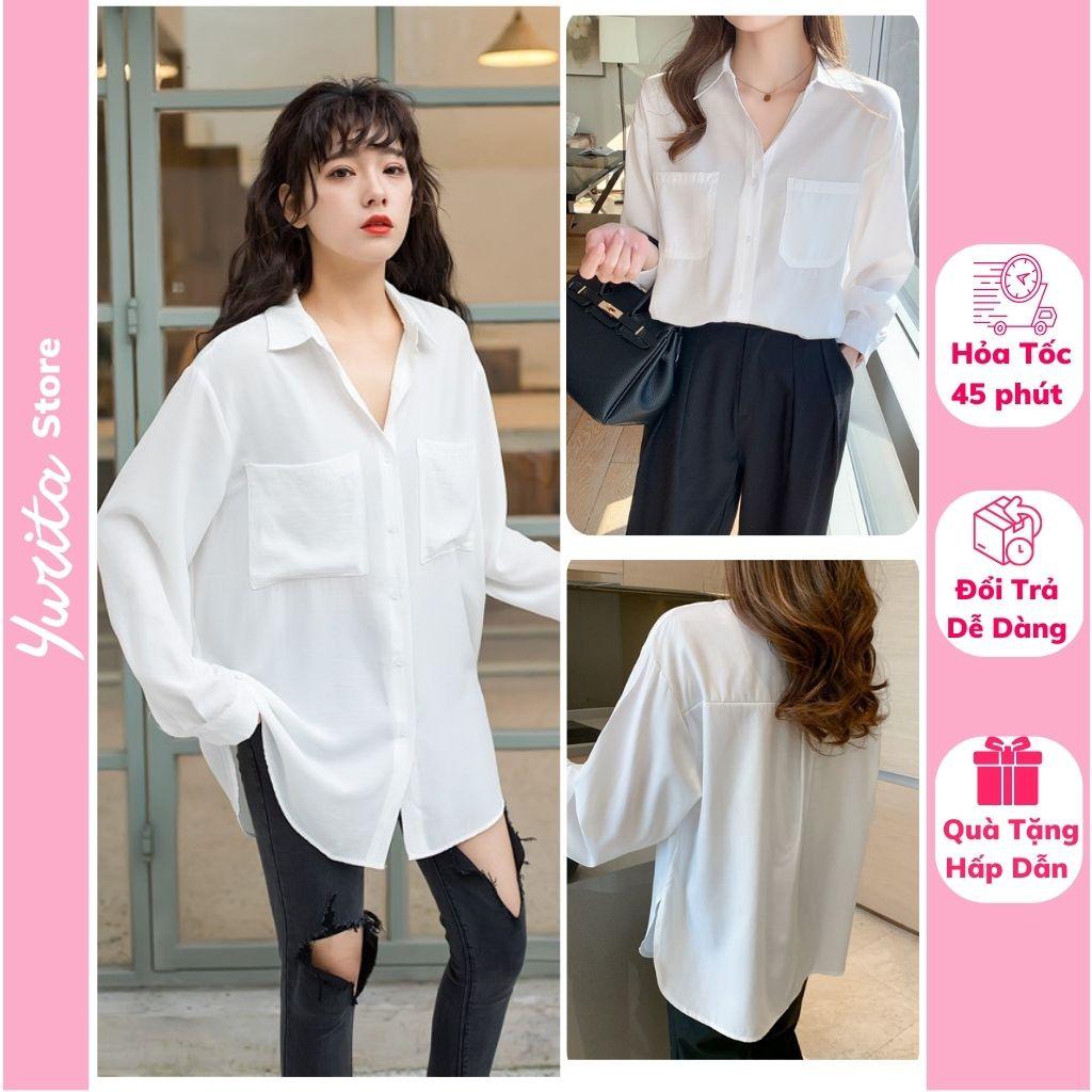 Áo Sơ Mi Nữ From Rộng YURITAChất Đũi Kiểu Công Sở Dài Tay Phồng 2 Túi Dáng Dài Hàn Quốc Vải Lụa Màu Trắng Cổ Đức Vintage