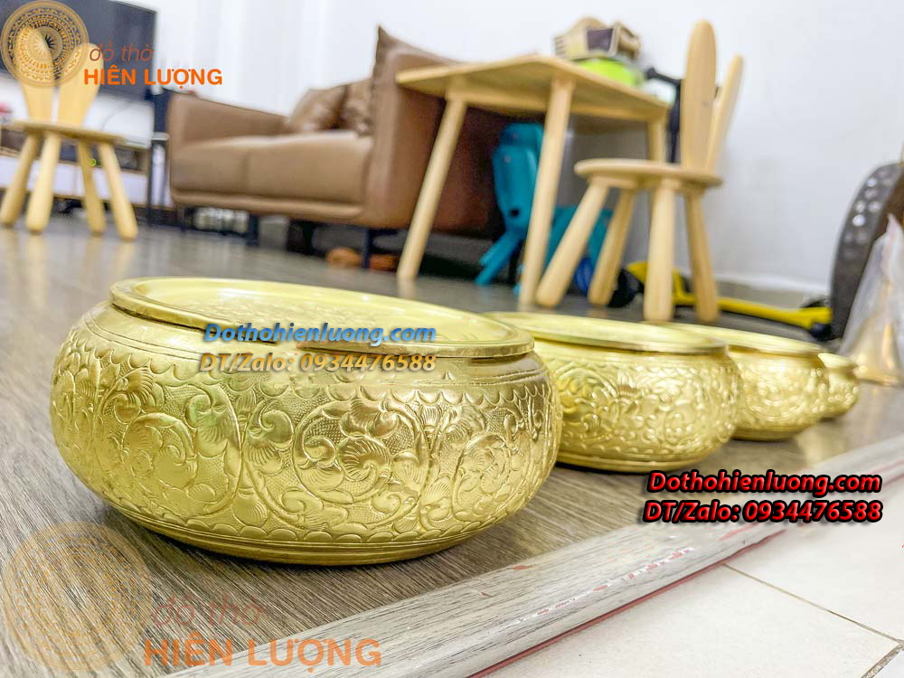 Cơi Đựng Trầu - Âu Trầu Hoa Văn Màu Vàng Bằng Đồng Nguyên Chất Các Cỡ - Đồ Thờ Hiên Lượng