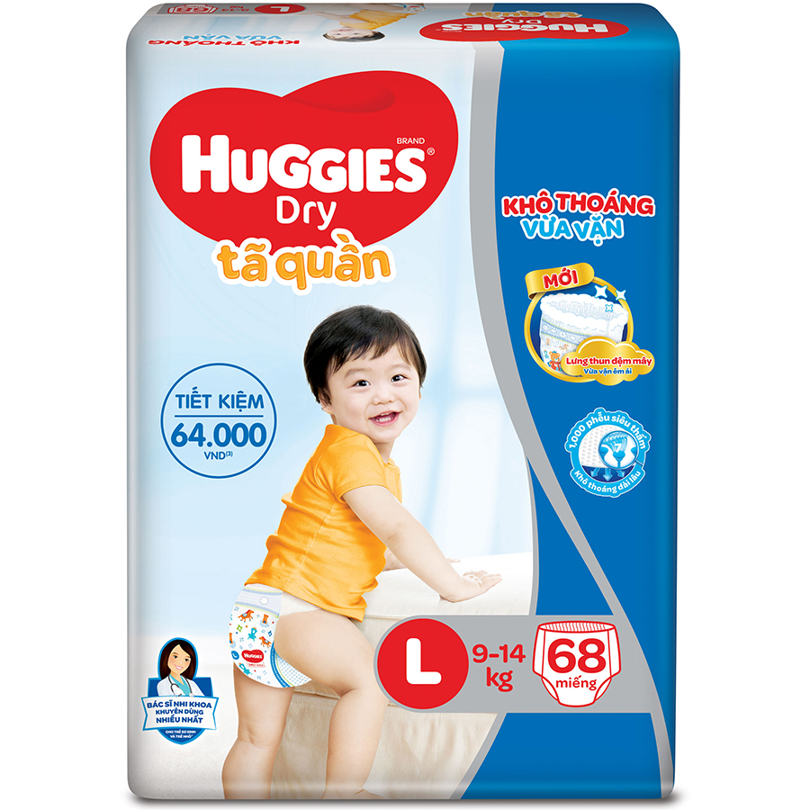 Tã Quần Huggies Dry Gói Cực Đại L68 (68 Miếng) - Bao Bì Mới