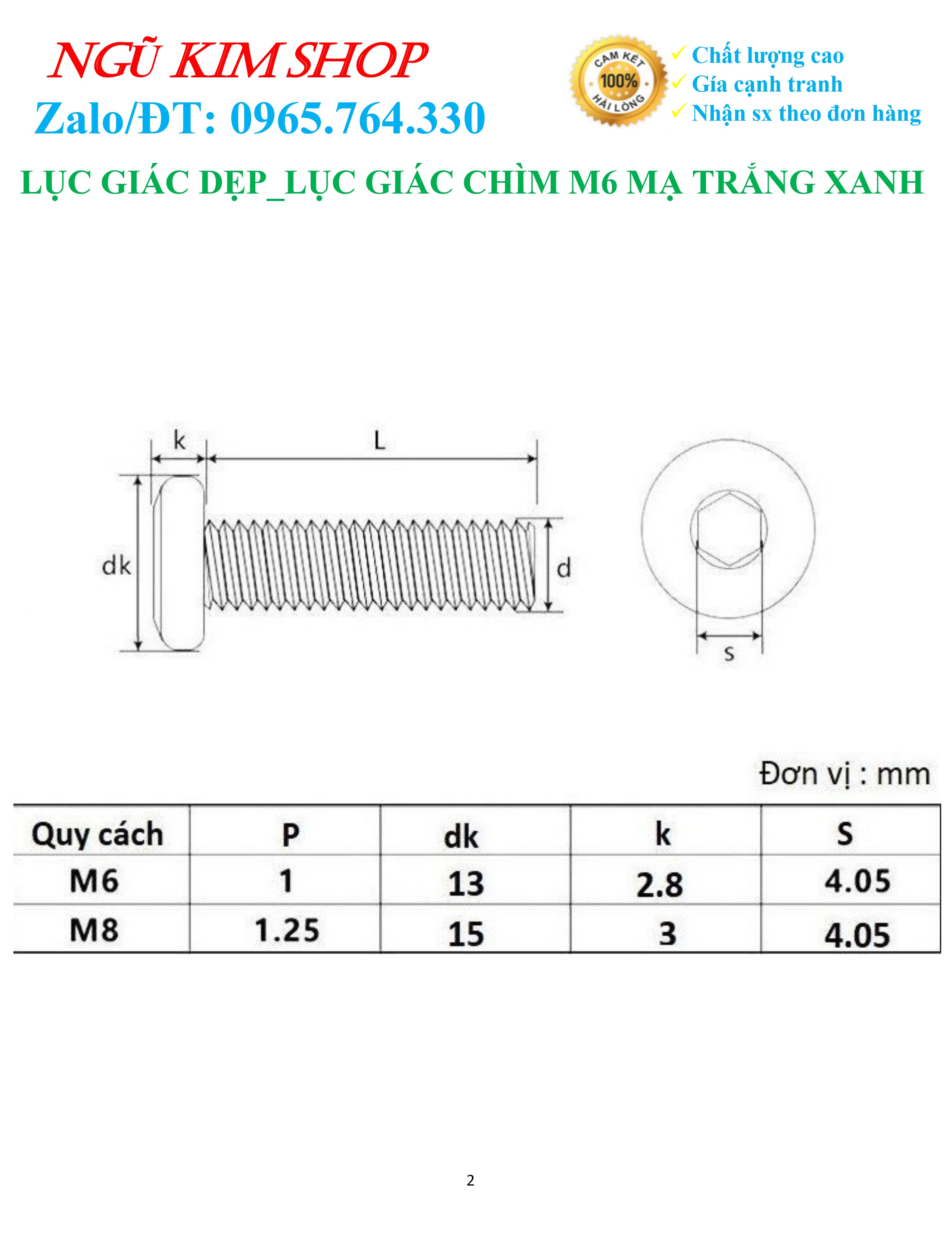 LỤC GIÁC DẸP _ LỤC GIÁC CHÌM M6 MẠ TRẮNG XANH