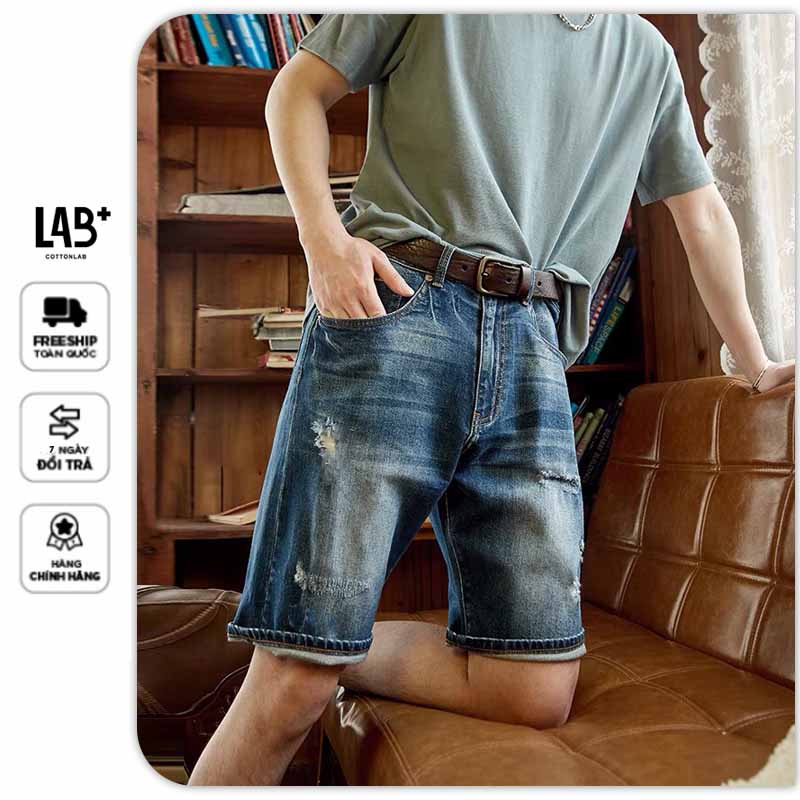 Quần short jean nam xanh đậm rách cao cấp thương hiệu LAB+COTTONLAB - 2253