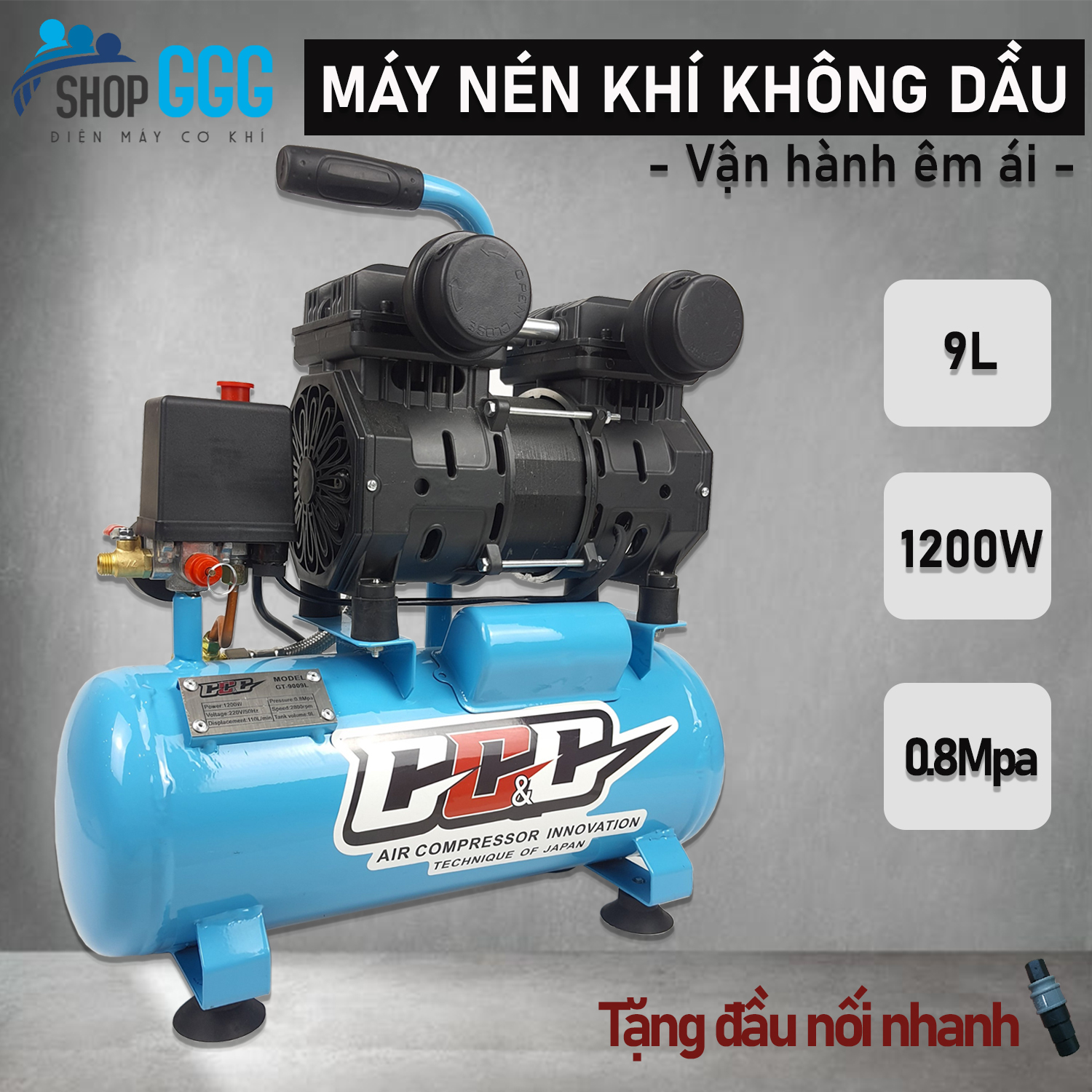 Máy nén khí | Máy bơm hơi | Máy nén hơi không dầu 9L 1200w - Nén 8kg, tự động nạp ngắt khí, tốc độ nạp khí siêu nhanh - Tặng đầu nối nhanh