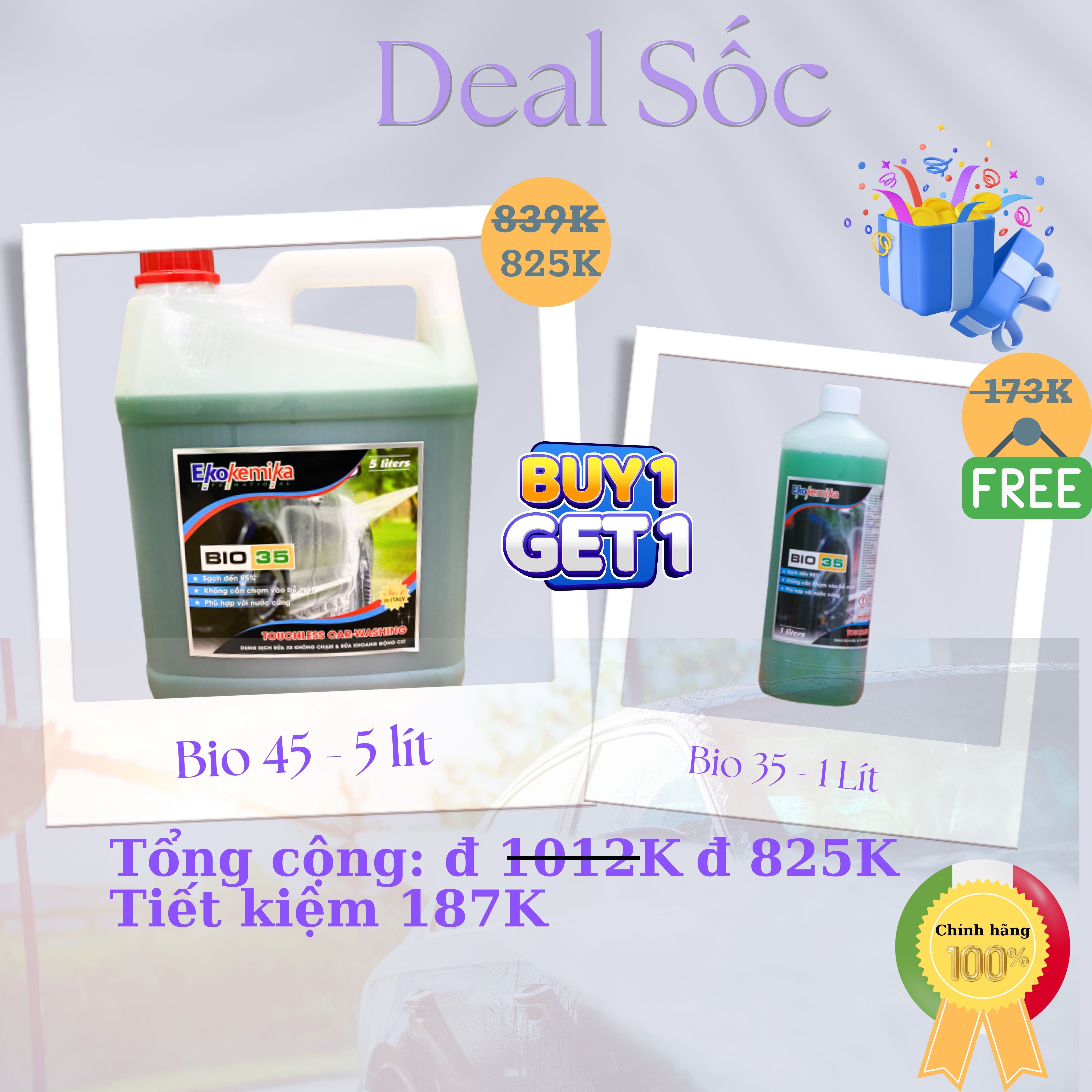 Bio 35 - 5 lít tặng kèm 1 chai Bio 35 loại 1 lít - Dung dịch rửa xe không chạm - Nước rửa xe bọt tuyết  - Ekokemika