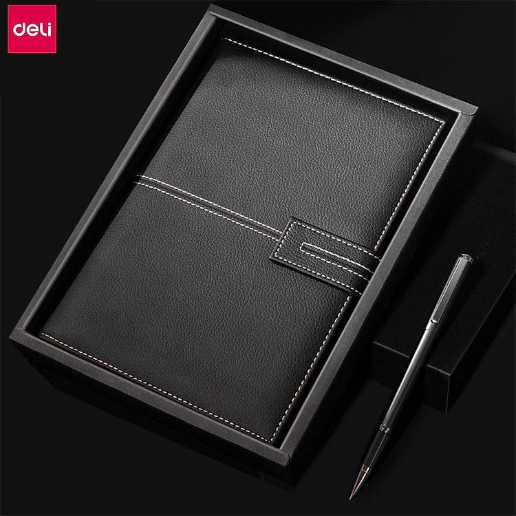 Bộ Sổ Tay Bằng Da Deli Và Bút Gel, Nhật Kí 120 Trang Có Nút Từ Tính Đánh Dấu Trang Leather Notebook Set