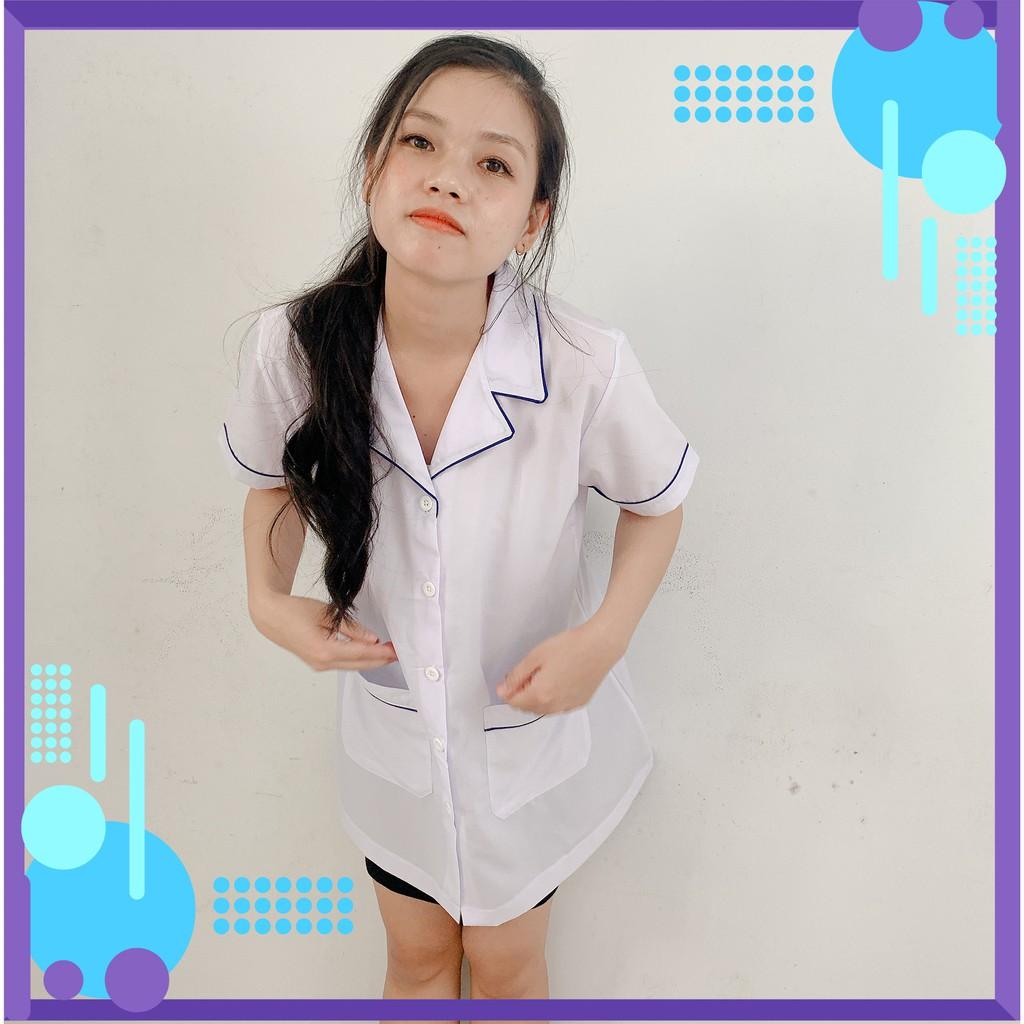 Áo Blouse Trắng Dược Sĩ, Y Tá, Nhà Thuốc Ngắn Tay Viền Lé Bích Cao Cấp