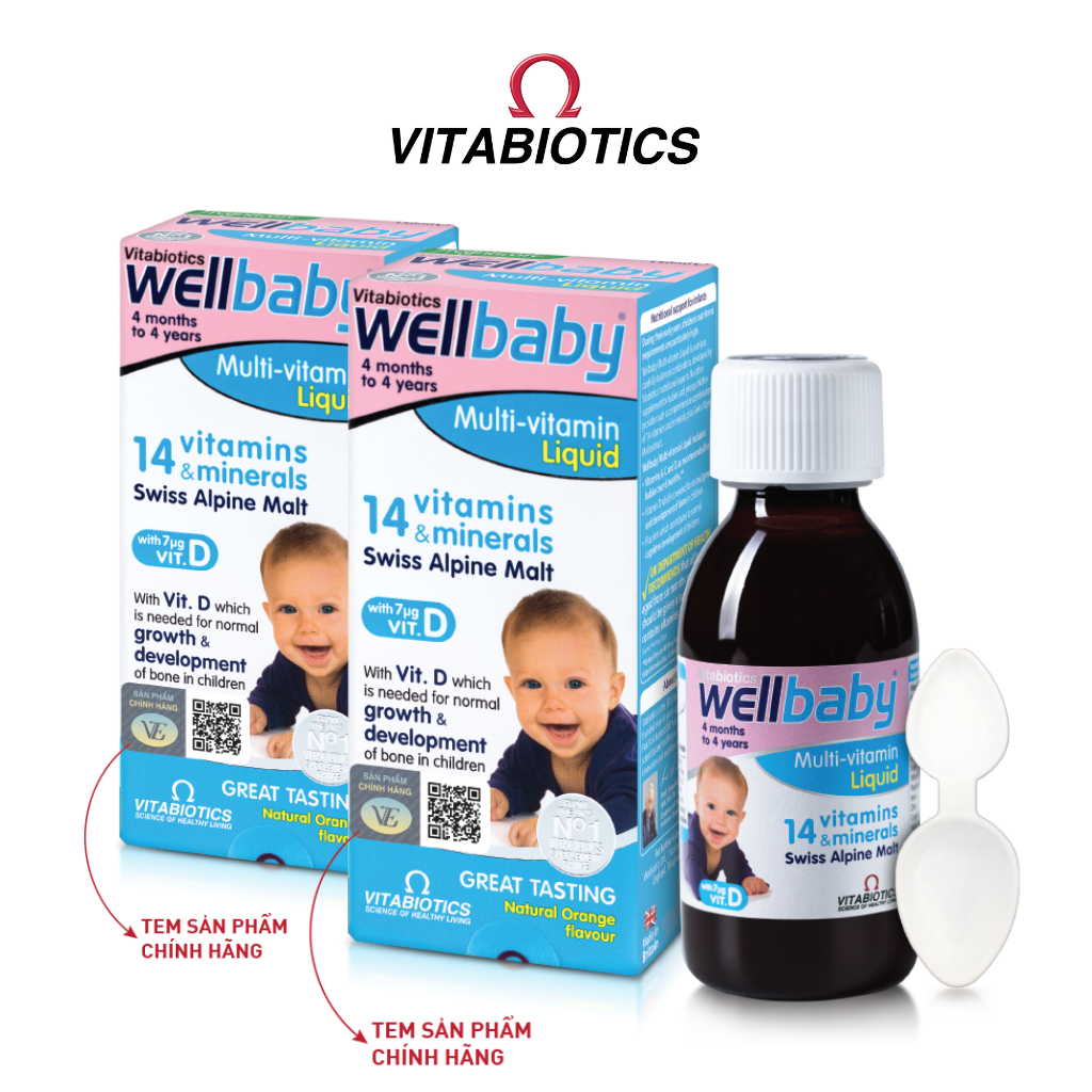 Combo 2 Siro Uống Cho Bé Vitabiotics WELLBABY Multi-Vitamin Liquid Vị Cam Mạch Nha Ngon Miệng, Tăng Sức Đề Kháng 150ml