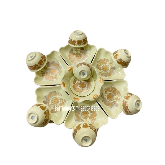 Bộ bát đĩa thờ hoạ tiết rồng vàng kim sứ Bát Tràng