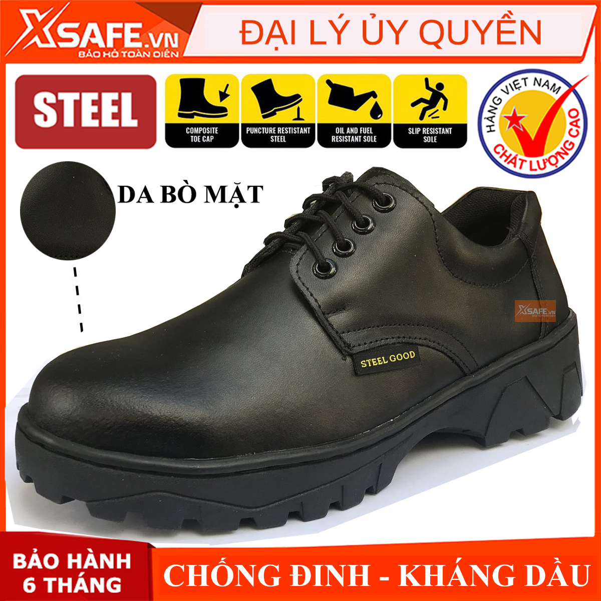 Giày bảo hộ lao động nam Steel Good da bò thật, chống đinh, chống va đập, kháng dầu, chỉ may gia cố đế, giày công trình