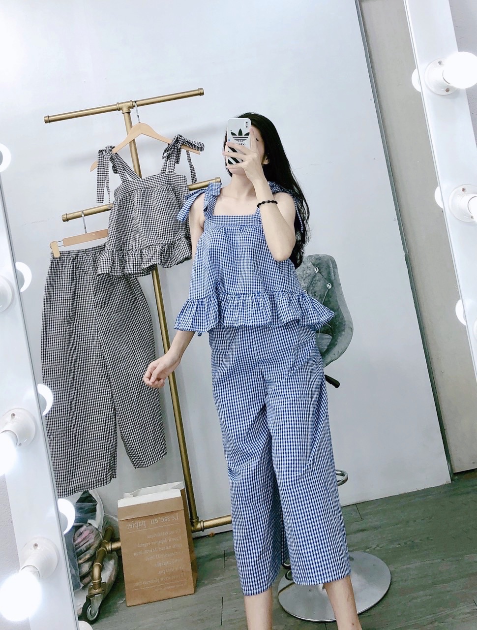 Đồ Bộ Nữ Kẻ Sọc Caro Thắt 2 Nơ Vai Xinh Xắn Thời Trang