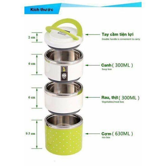 Hộp cơm giữ nhiệt 3 tầng chấm bi ruột inox