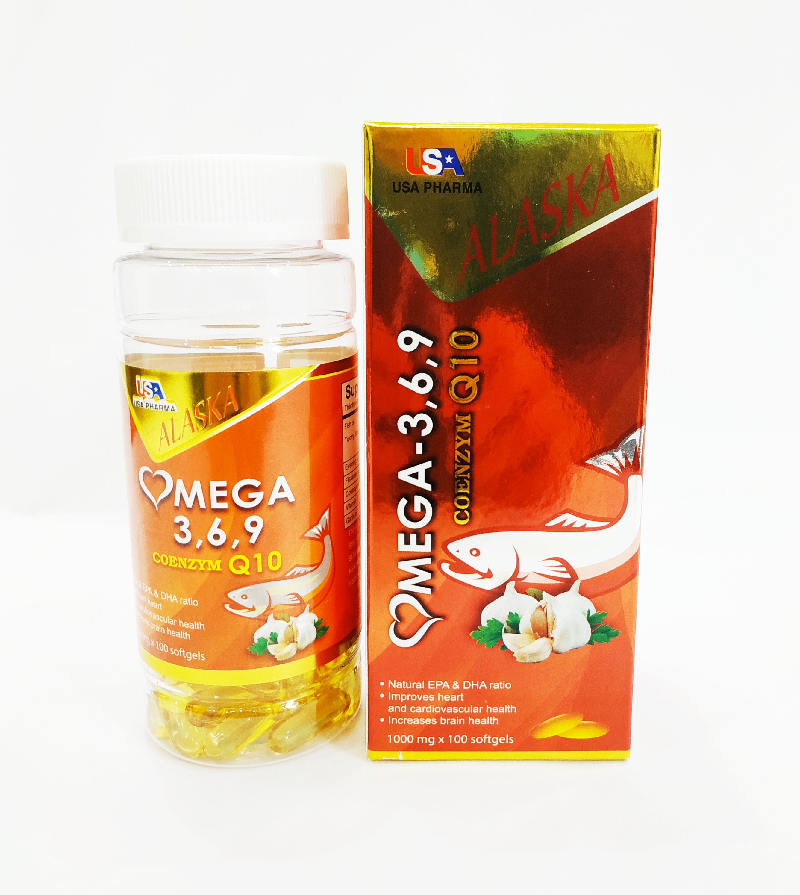 VIÊN UỐNG DẦU CÁ ALASKA OMEGA 3,6,9 TỎI COENZYM Q10 - TỐT CHO MẮT, TIM, NÃO, ĐẸP DA, HẠ CHOLESTEROL - OMEGA 369 - LỌ 100 VIÊN