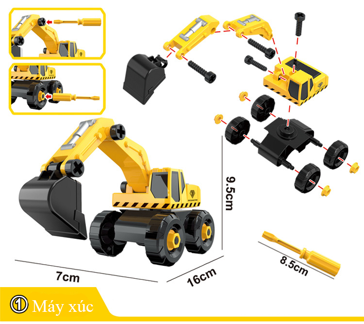 Hình ảnh Bộ đồ chơi lắp ráp xe công trình KAVY  gồm 6 xe kèm hộp đựng, tua vít, nhựa nguyên sinh kích thích tính thực hành của bé