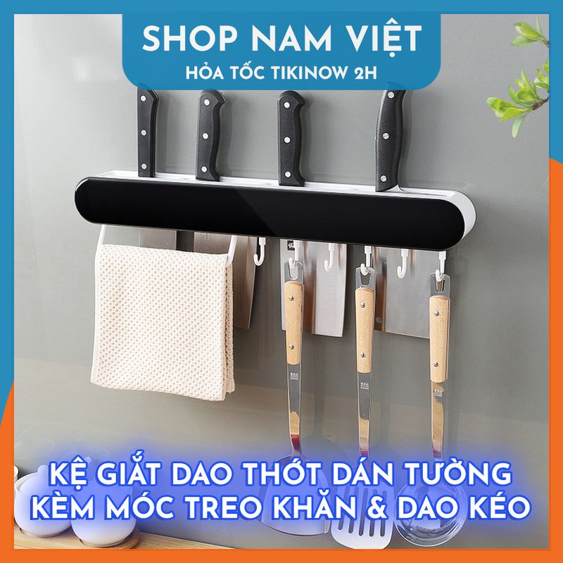 Giá Để Dao Dán Tường Kèm Móc Treo Khăn, Hộc Để Muỗng Đũa