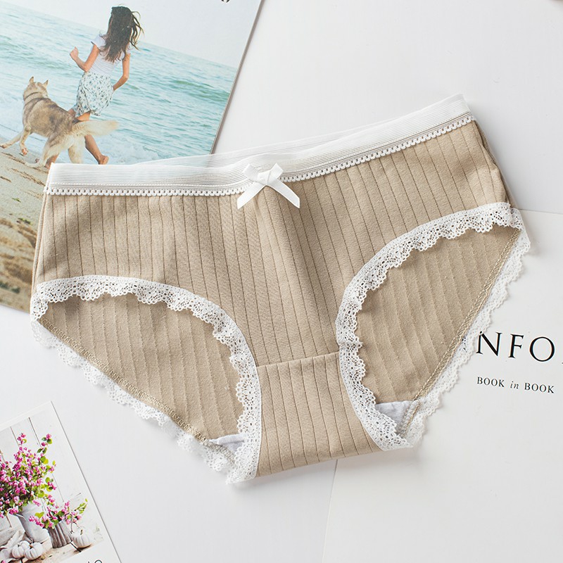 Quần cotton tăm màu trơn viền ren ôm mông cạp lưới đính nơ