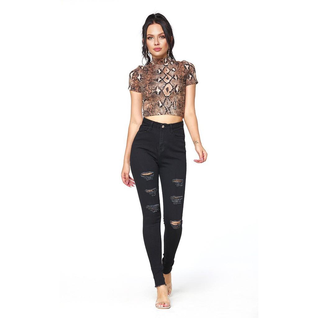 Quần jean nữ BIG SIZE dài 9 tấc rách kiểu màu đen tuyền dành cho người béo 3619