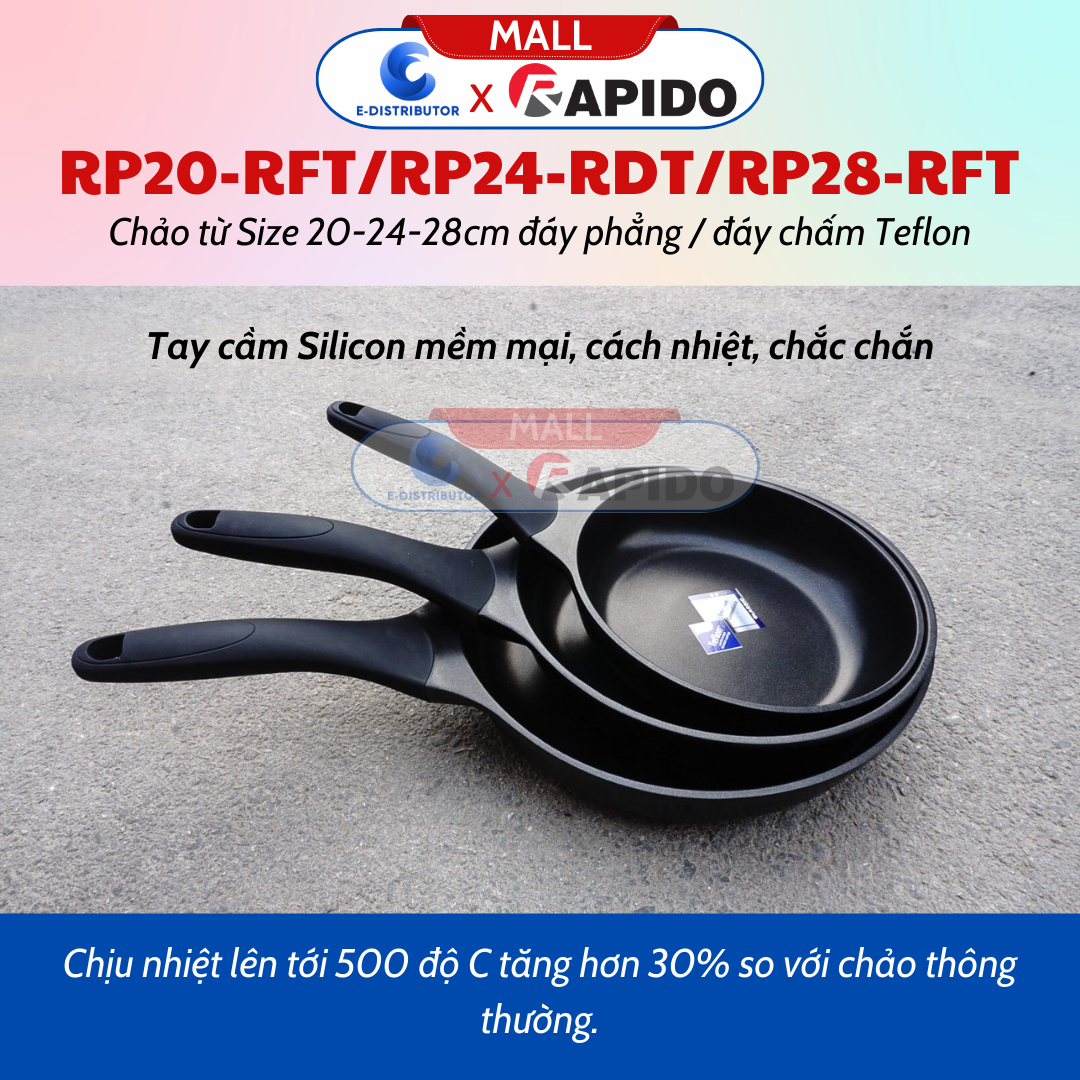 Chảo Từ Rapido Size 28cm Đáy Phẳng Teflon RP28-RFT - RP20-RFT (Size 20cm, Đáy Phẳng) - RP24-RDT (Size 24cm, Đáy Chấm) - Hàng Chính Hãng - Chịu Nhiệt Lên Tới 500 Độ C