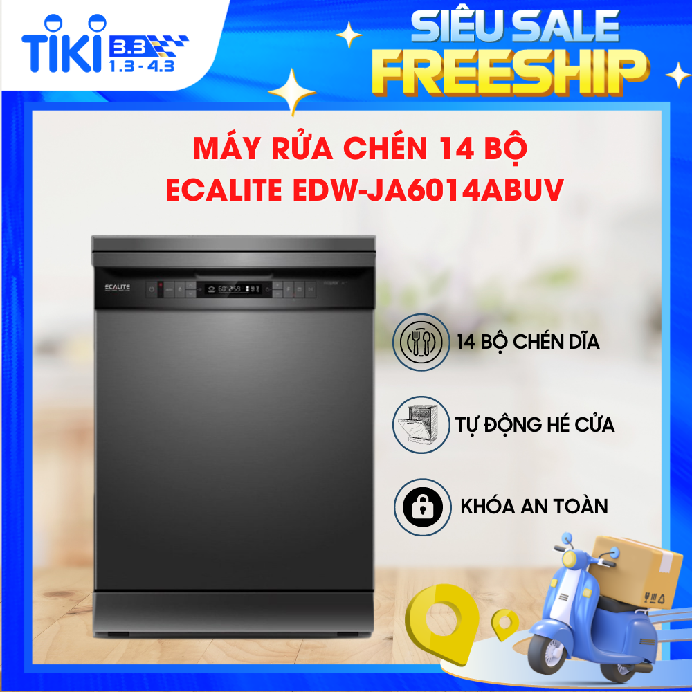 Máy Rửa Chén Độc Lập Ecalite EDW-JA6014ABUV - 14 Bộ - 9 Chương Trình Rửa - Có Rửa Diệt Khuẩn - Hàng Chính Hãng