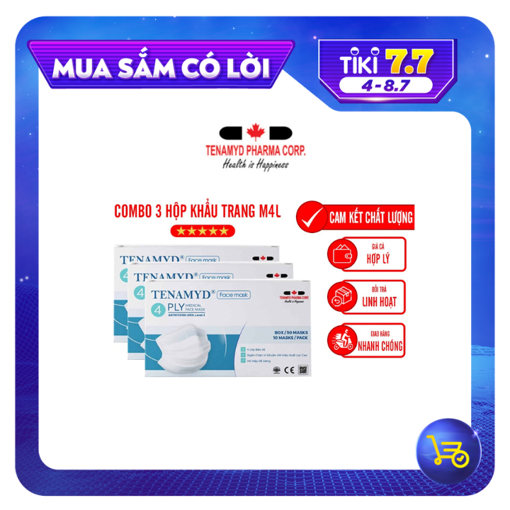 (Combo 3 Hộp) Khẩu Trang Y Tế 4 Lớp Tenamyd Chính Hãng