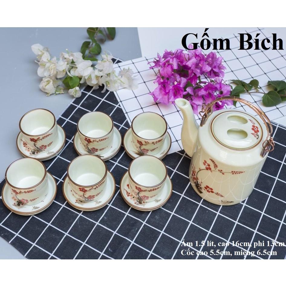 Bộ Ấm Tích Men Kem Vẽ Hoa - Gốm Sứ bát Tràng