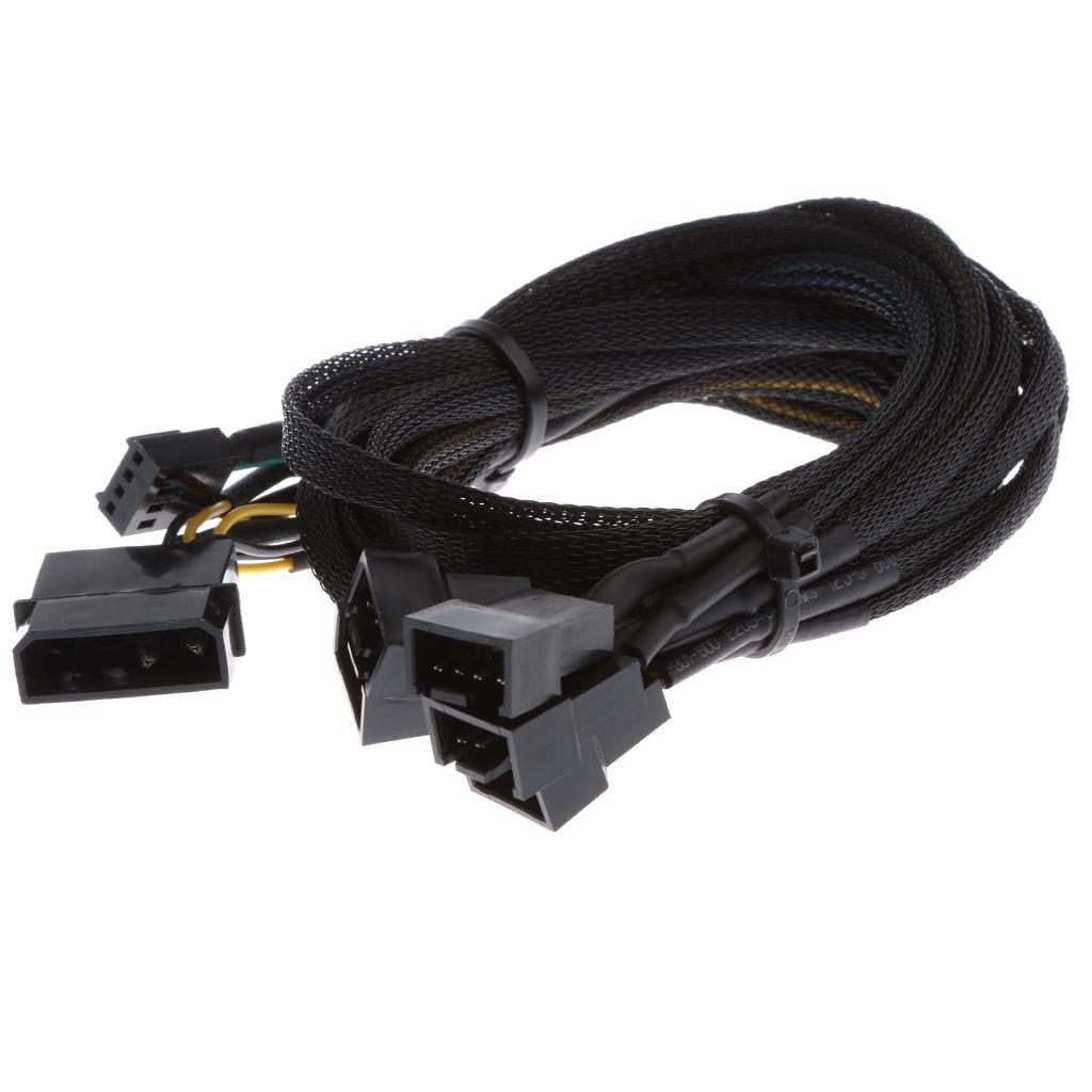 45cm PWM 3/4 pin 6 ways Y Splitter PC Fan Power Cable Cord Black Sleeved