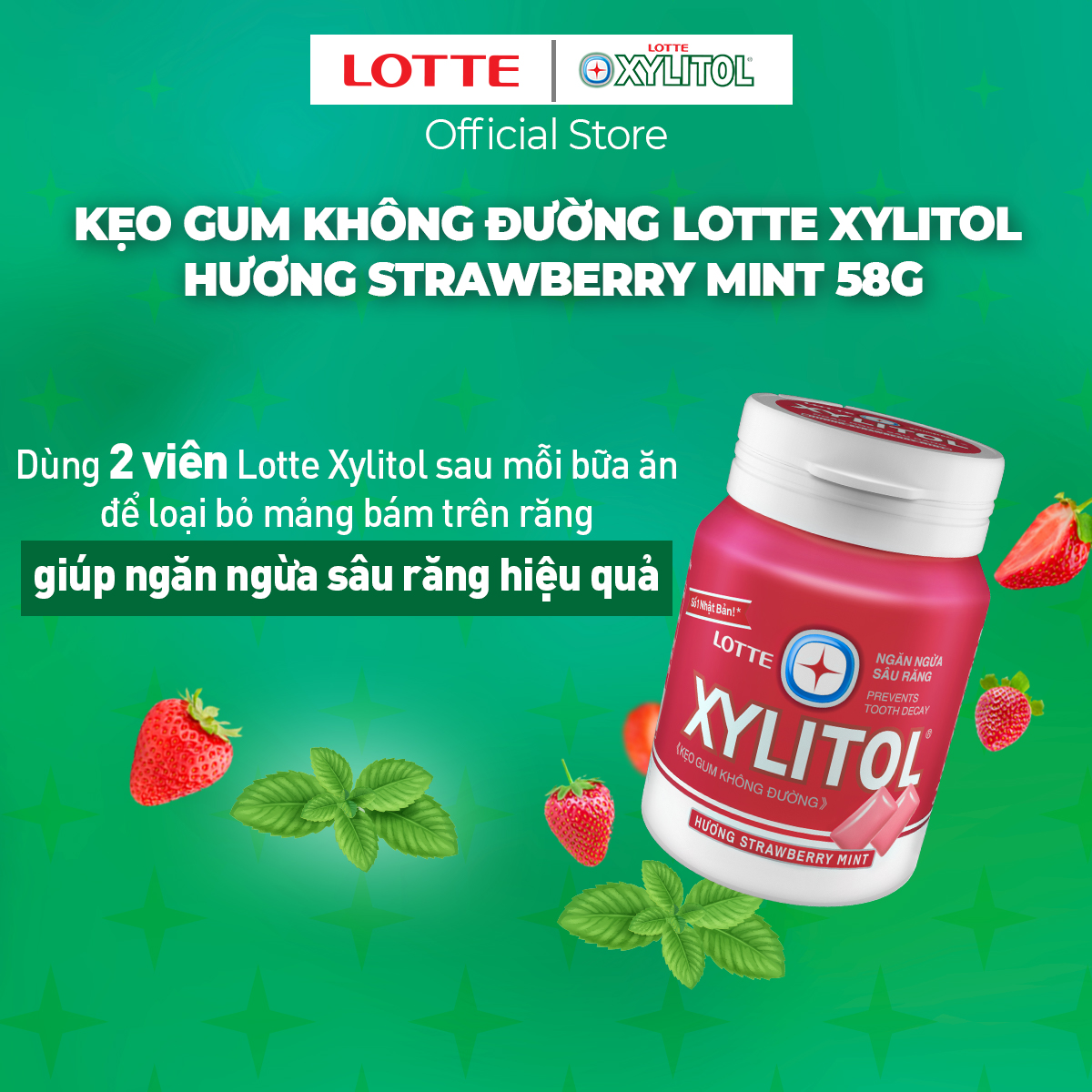 Combo 6 Kẹo Gum Không Đường Lotte Xylitol - Hương Strawberry Mint 55.1g