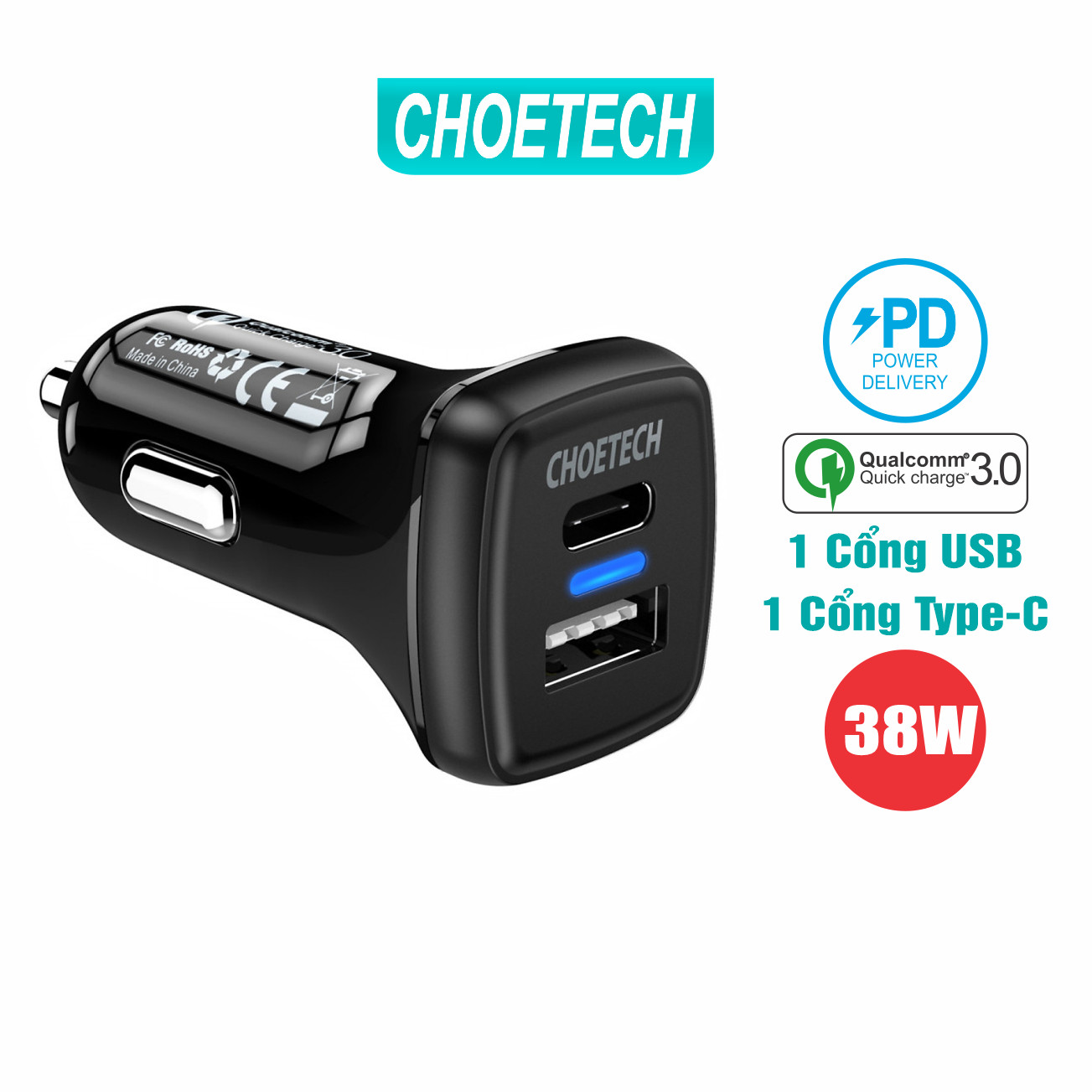 Củ Sạc Điện Thoại Ô Tô 38W CHOETECH TC0005 V2 USB Quick Charge 3.0 18W, Type-C PD 20W - Hàng Chính Hãng